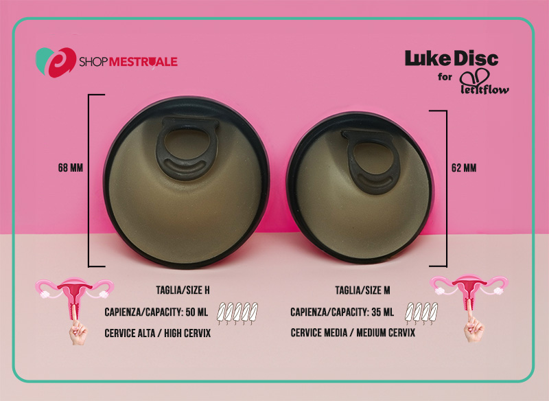 immagine con due dischi mestruali brand LukeDisk for Letitflow e con una mano che indica come misurare altezza cervice e come scegliere la taglia giusta del disco mestruale